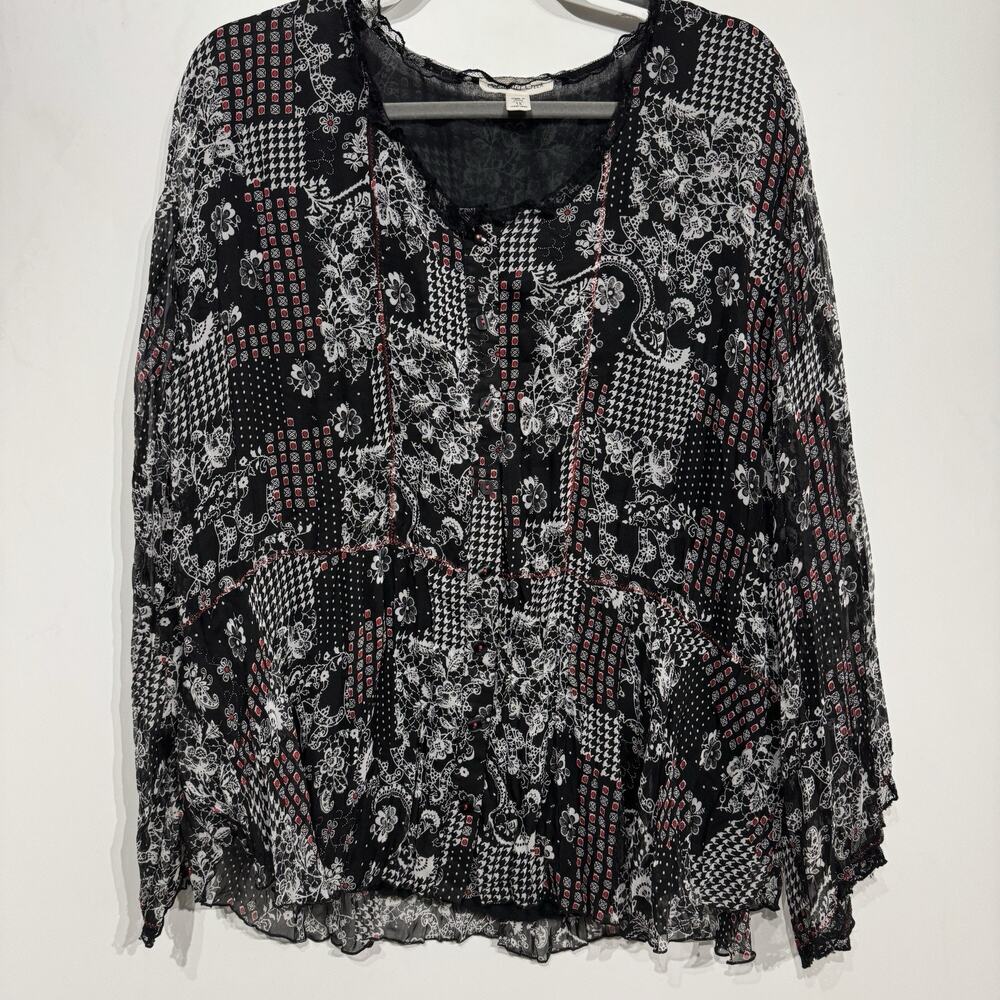 Coldwater Creek Boho Crinkle Chiffon Blouse Sz 1X Black Multi Witchy Artsy Work